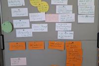 Eine Pinnwand mit beschrifteten bunten Karten zum Thema "China" und "Difficulties", unten "Solutions".