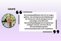 Das Bild zeigt Links das Porträt einer Studentin in einem kreisförmigen Ausschnitt, darüber ihren Namen Laura. Rechts daneben ein Zitat zum persönlichen Wert der Zusatzqualifikation in großen Anführungsstrichen.